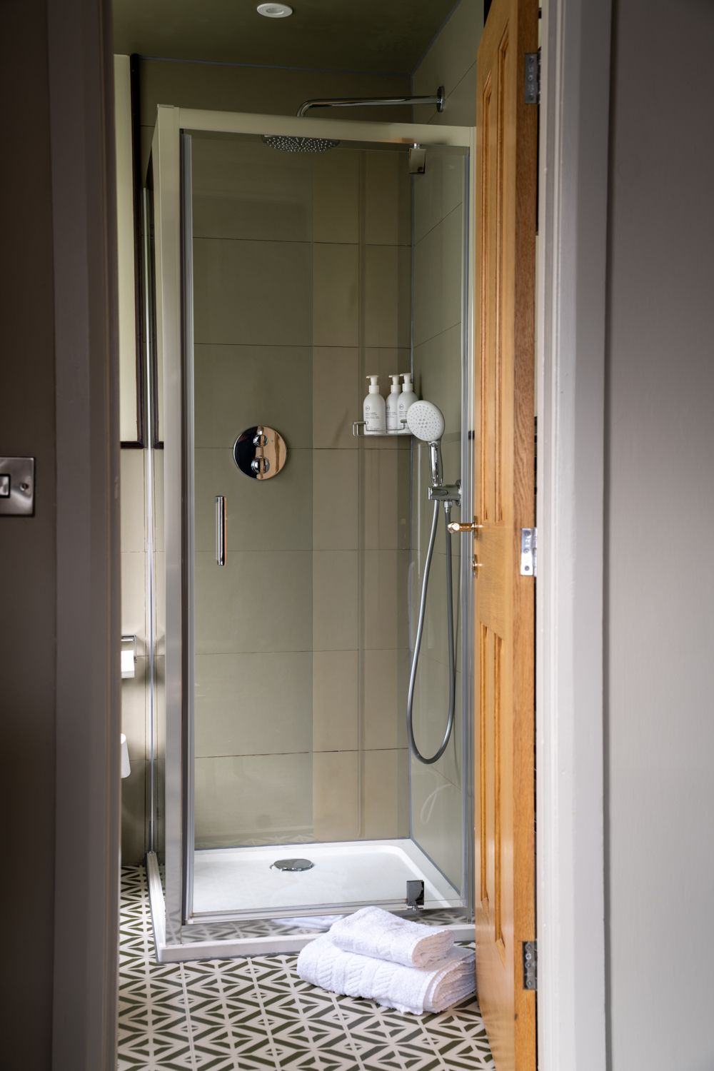 walk in shower in the character bedroom