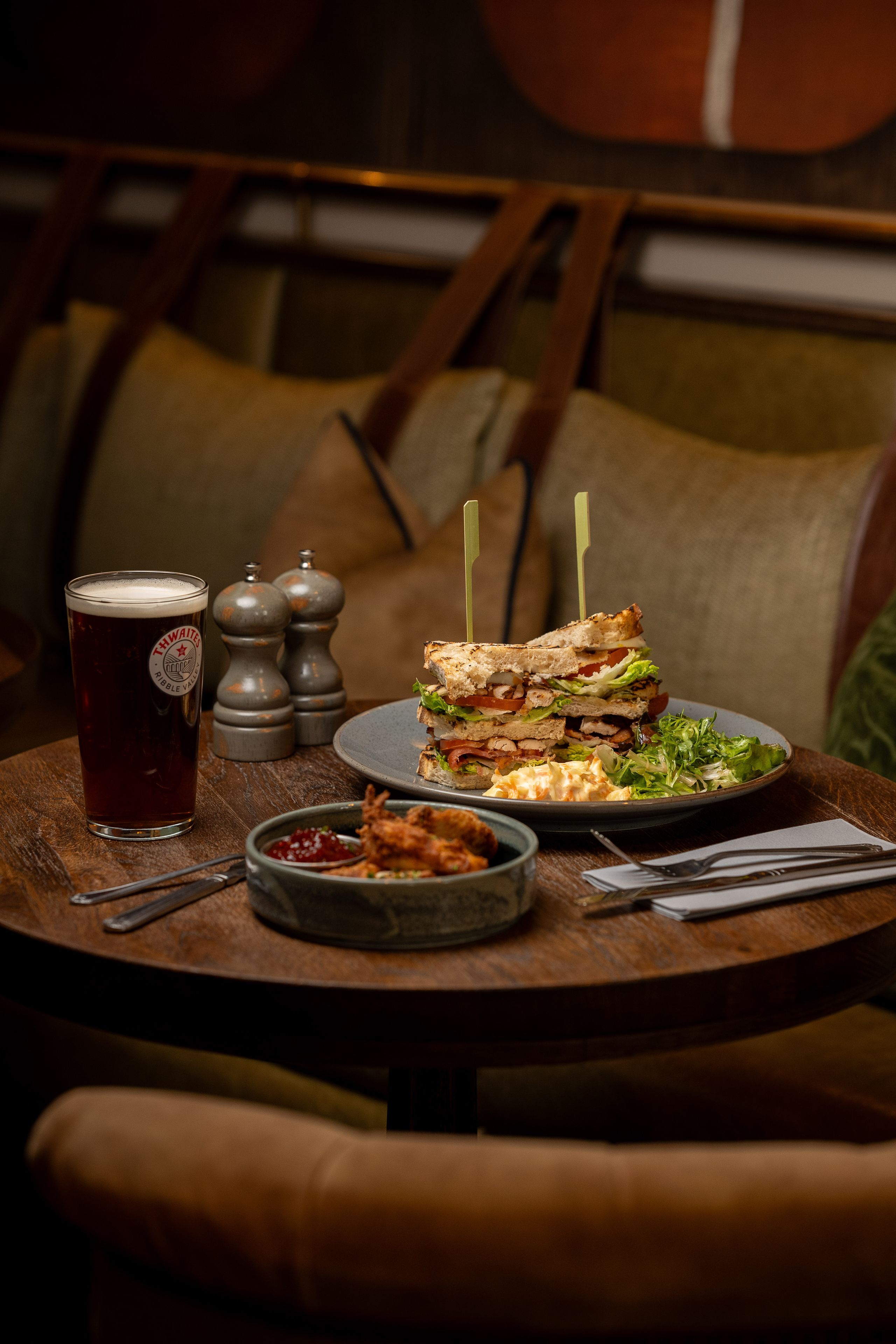club sandwich with a pint of thwaites ale