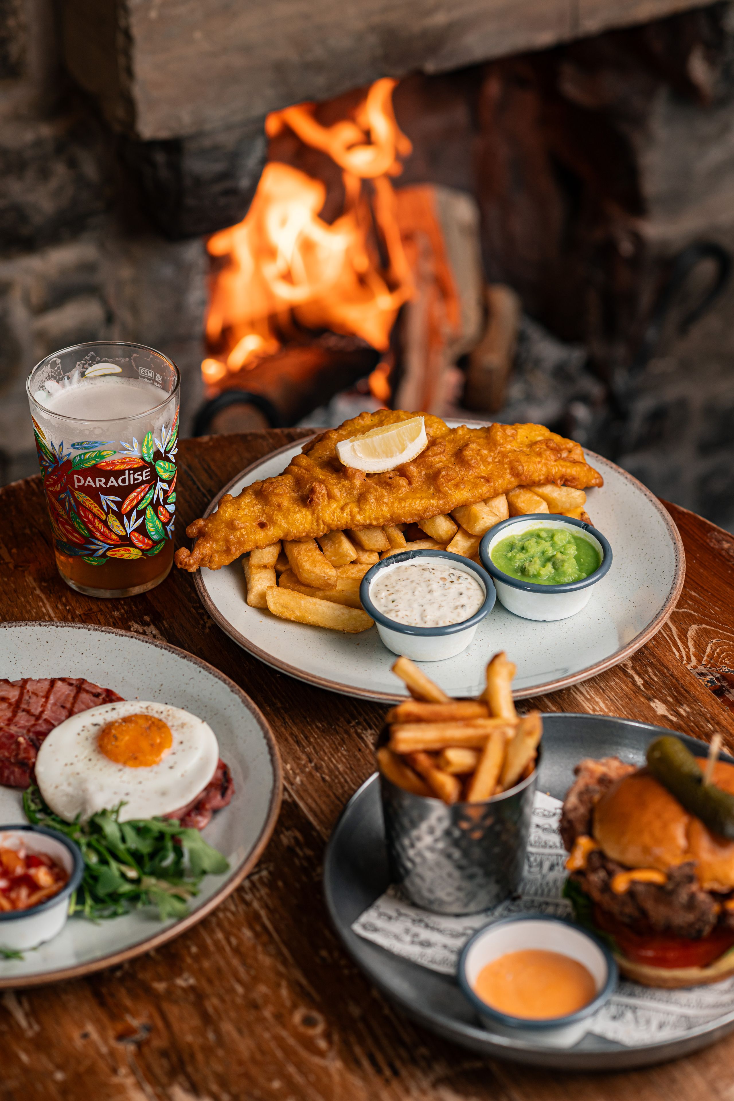Fish and chips, chicken burger and chips, gammon and egg